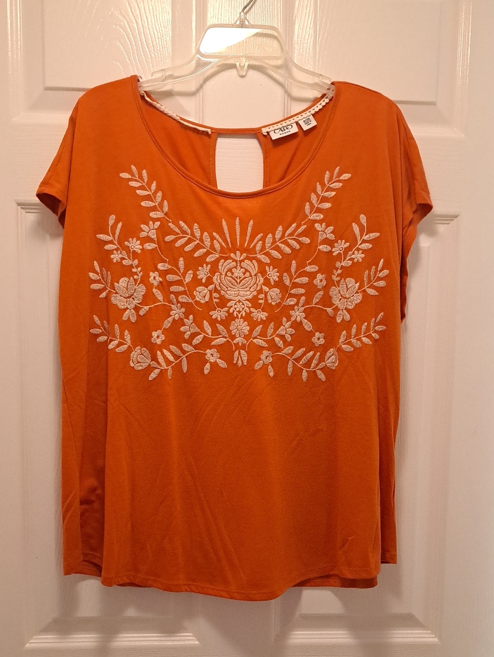 Cato Orange Short Sleeve Scoop Neck Top with White Floral Embroidery